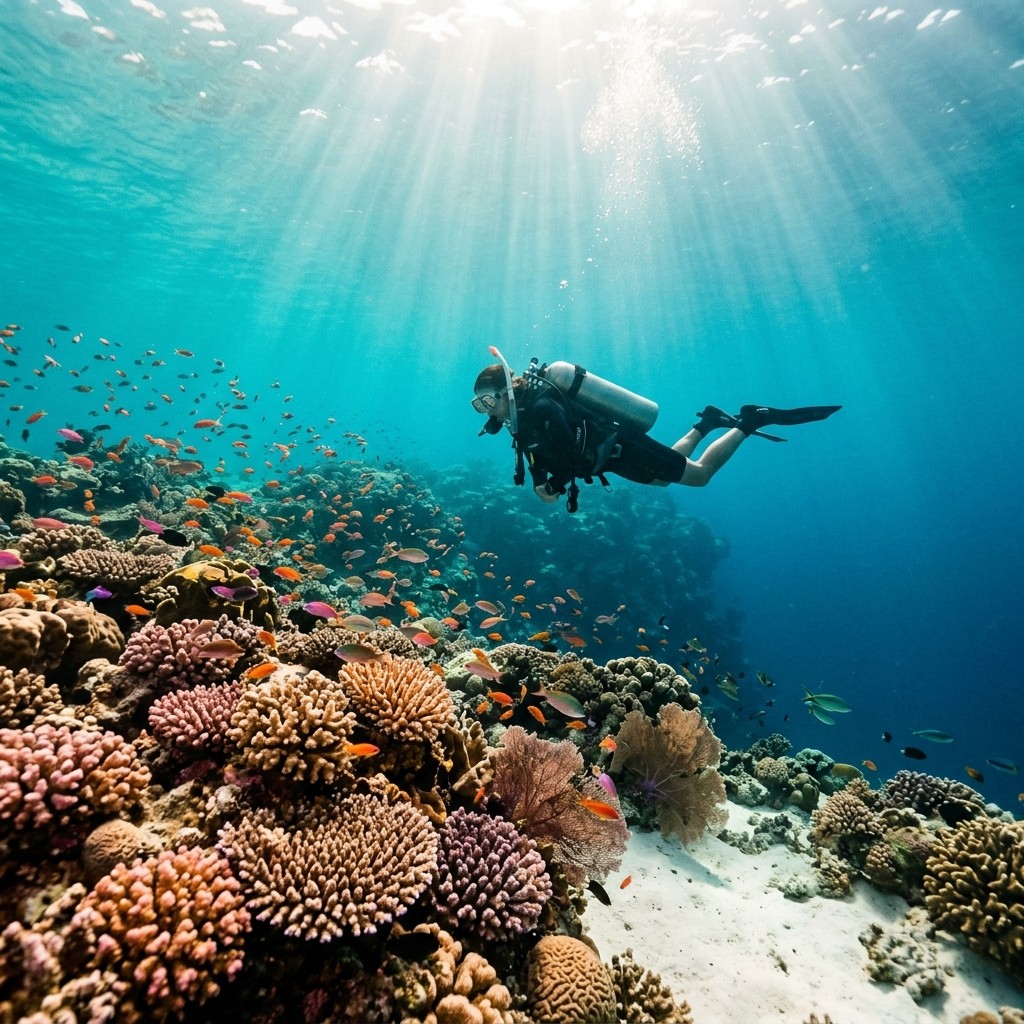 Diver above an untouched coral reef in clear blue water while diving in Pomene, Mozambique