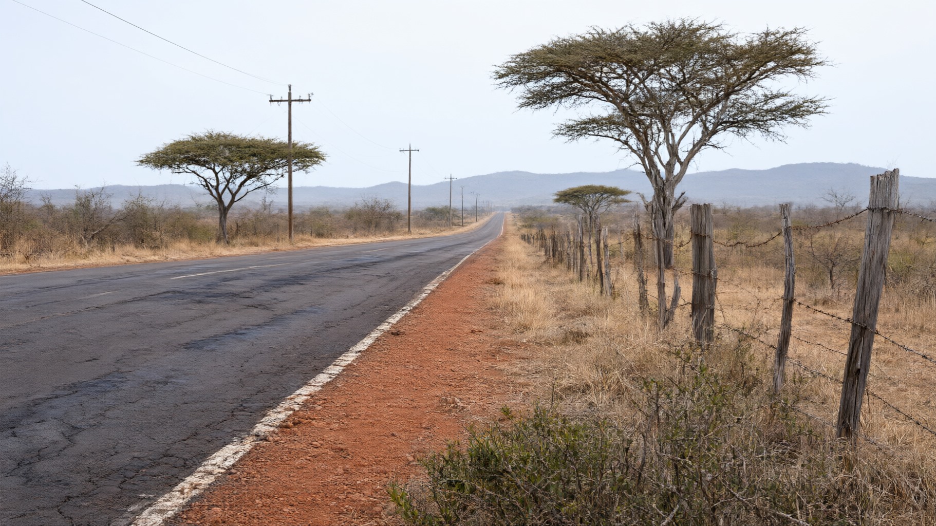 Empty tar road running east through lowveld bush towards the Lebombo mountains at sunrise, the approach to the Komatipoort border crossing into Mozambique