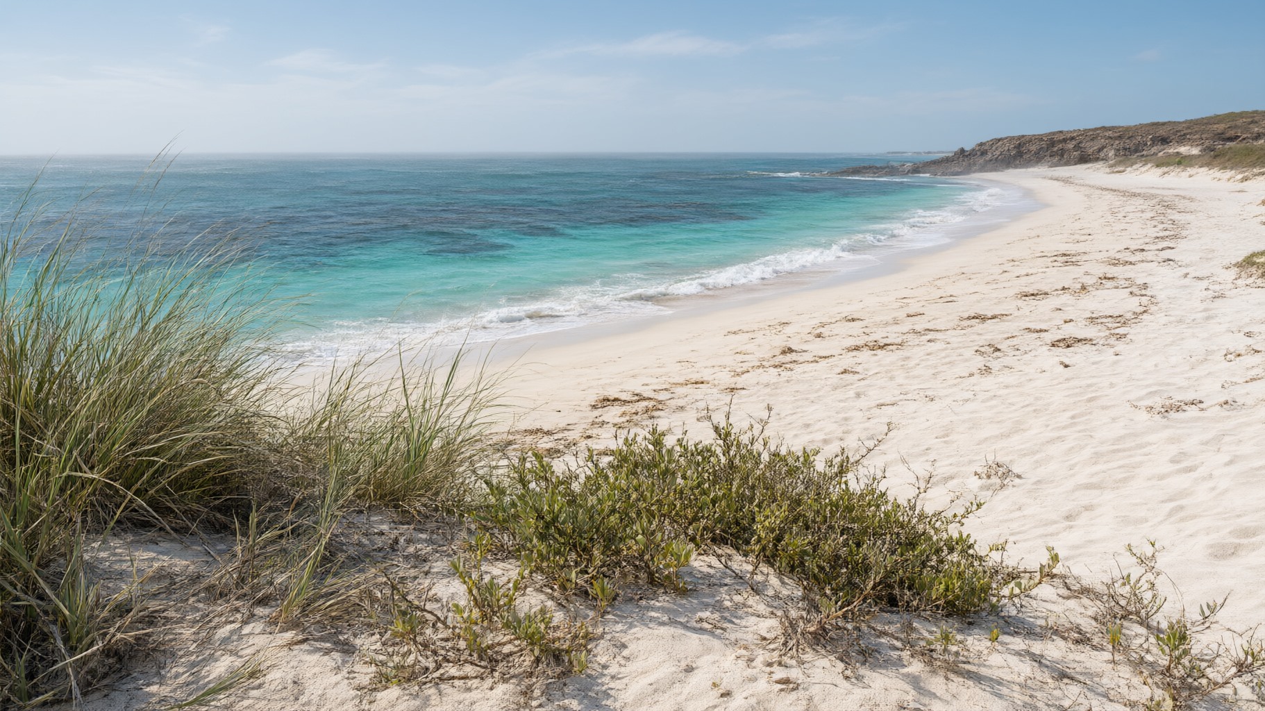 A long, empty white-sand beach and clear turquoise water at Pomene, Mozambique, seen from the dune