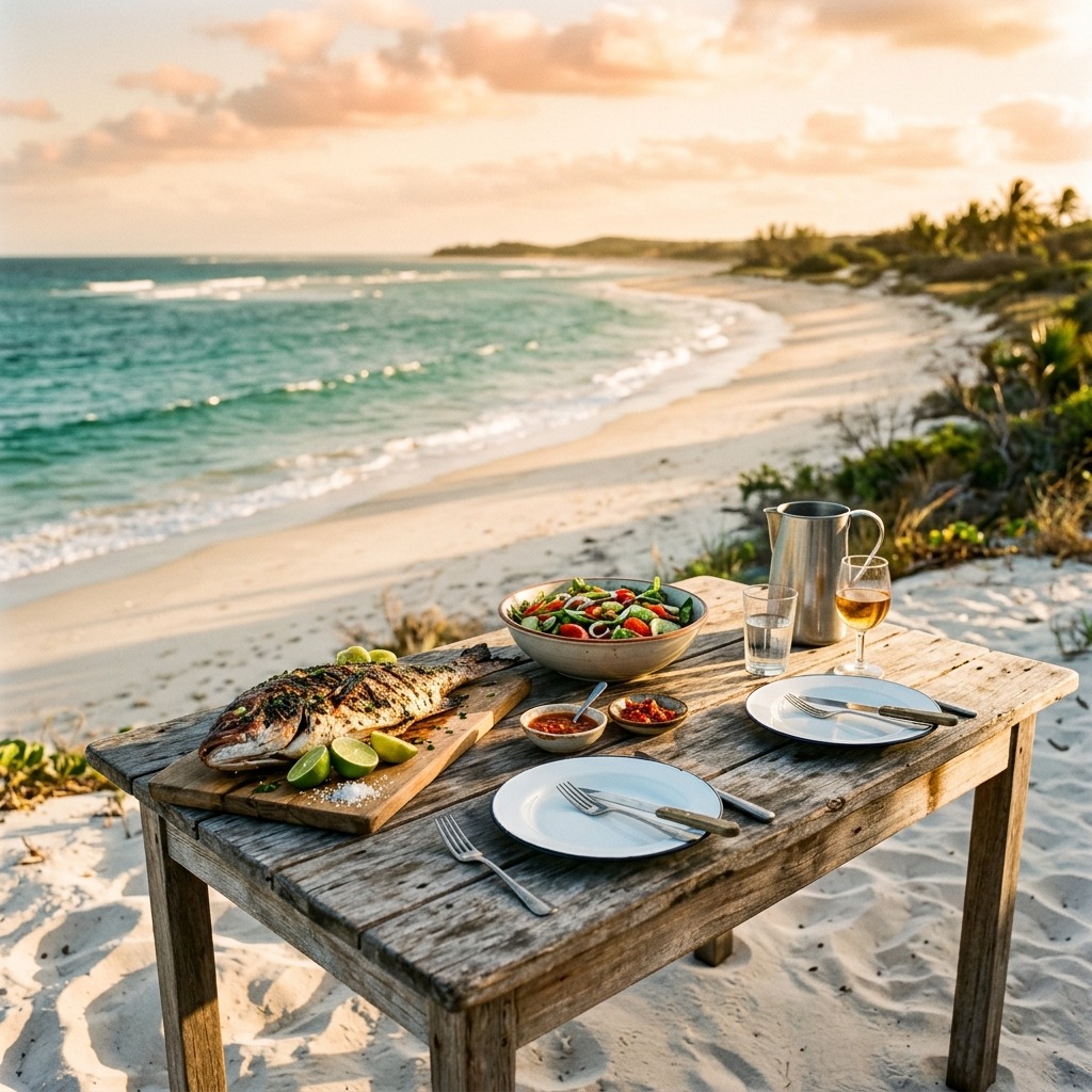 A table set on the sand with a home-cooked meal of grilled fish and salad above the beach in Pomene, Mozambique — the self-catering way to eat on the Mozambique coast