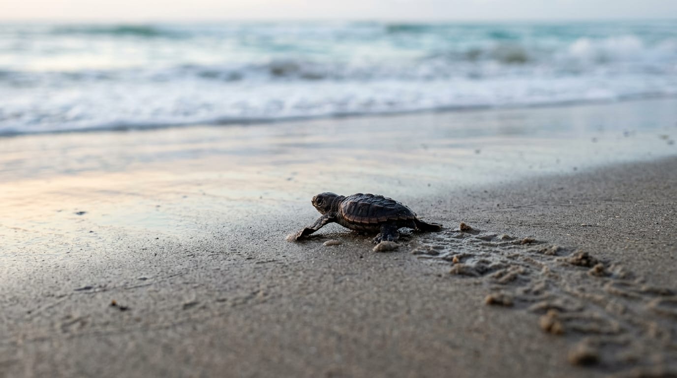 A sea turtle hatchling crossing the wet sand toward the surf at first light on the beach at Pomene, Mozambique