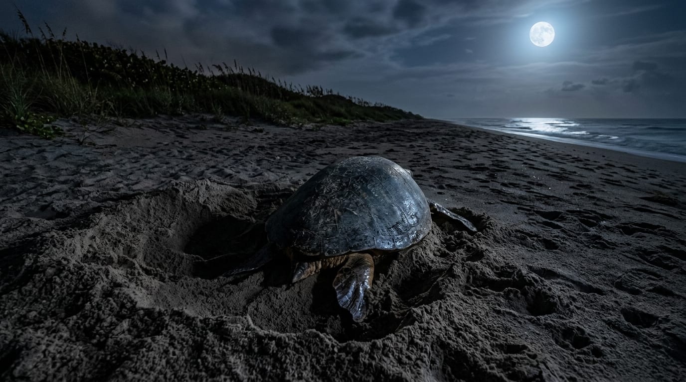 A loggerhead turtle nesting by moonlight at the top of the beach in Pomene, Mozambique, digging her nest in the dry sand — turtle nesting Pomene after dark