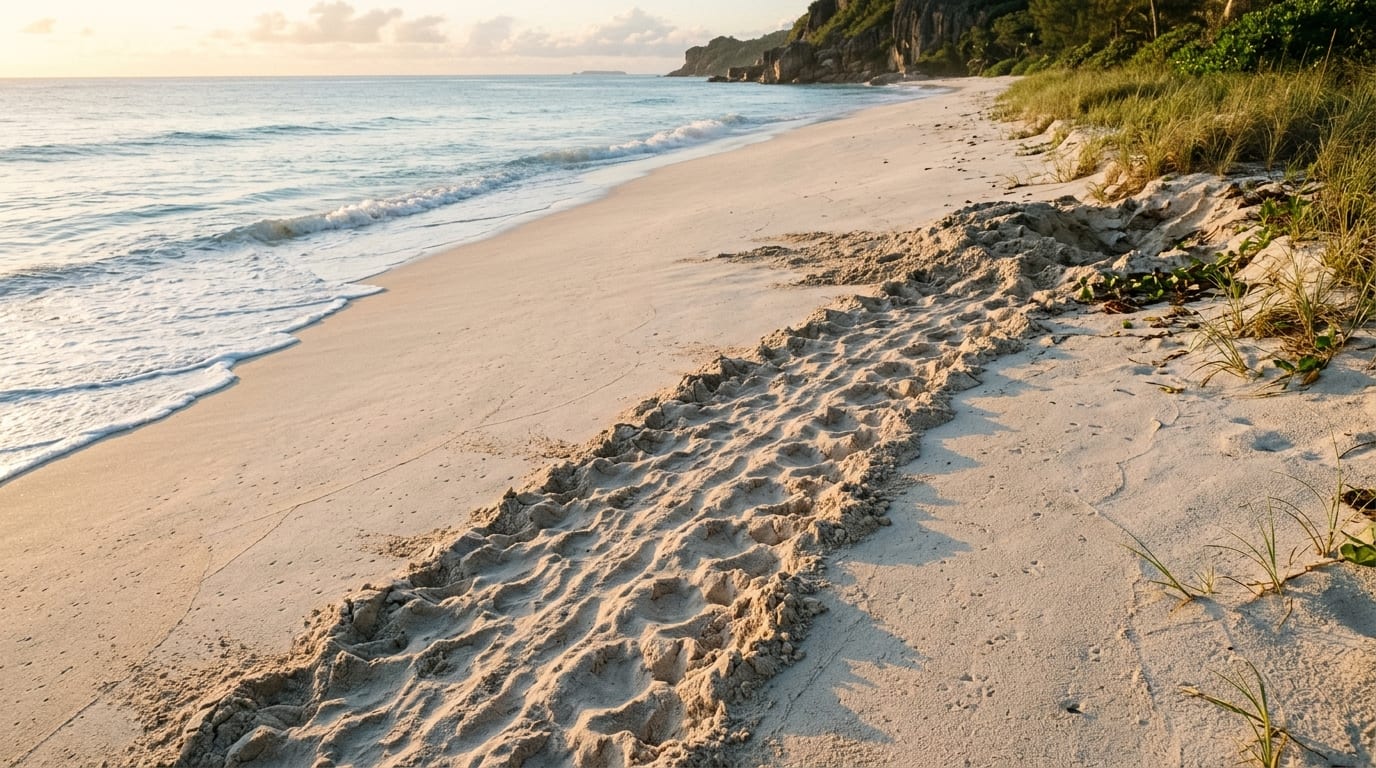 Fresh sea turtle tracks in the white sand at dawn on an empty beach in Pomene, Mozambique — the morning sign of turtle nesting Pomene