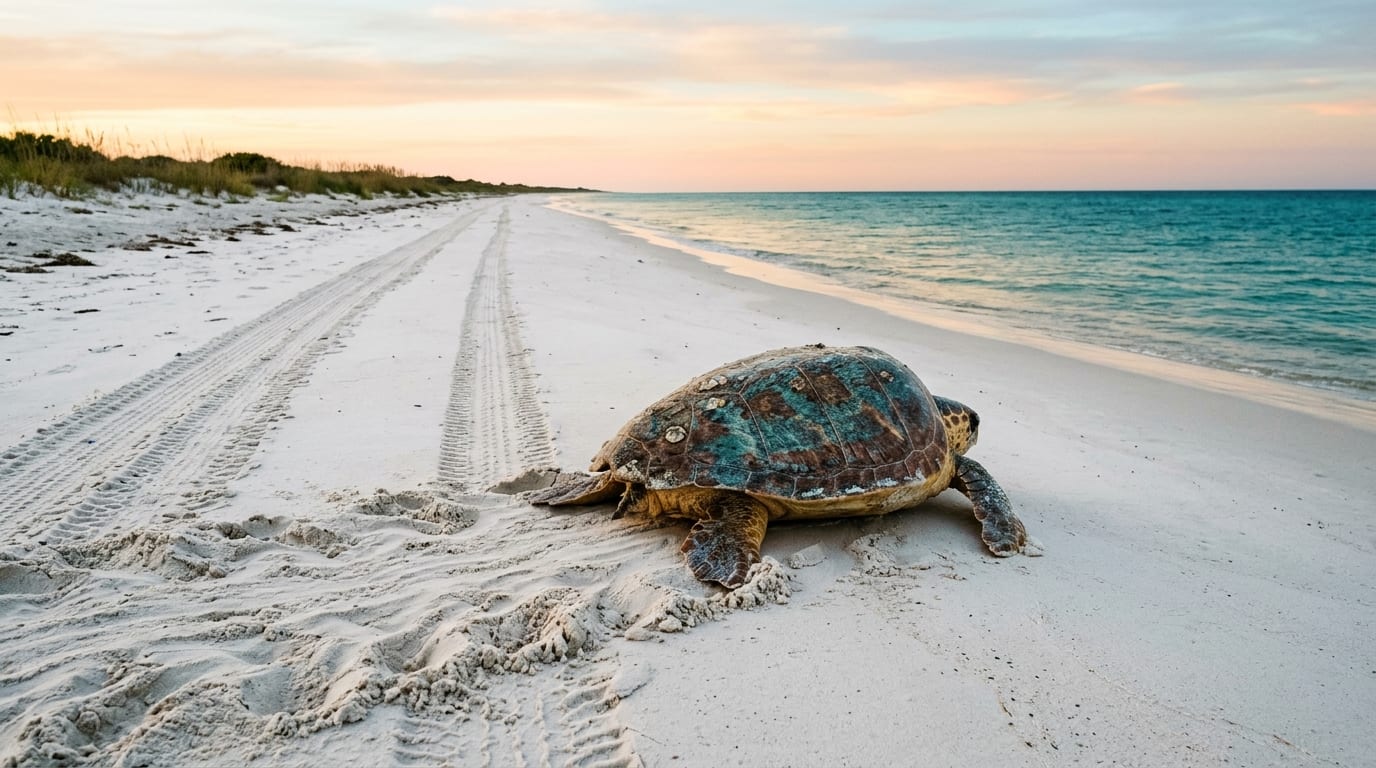 A loggerhead turtle returning to the sea at first light after nesting on the empty beach at Pomene, Mozambique — turtle nesting Pomene