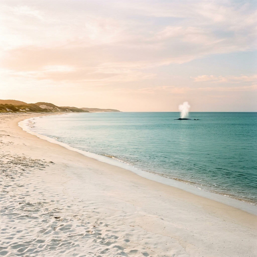 A humpback whale's blow seen from the beach at Pomene, Mozambique on a calm, glassy morning