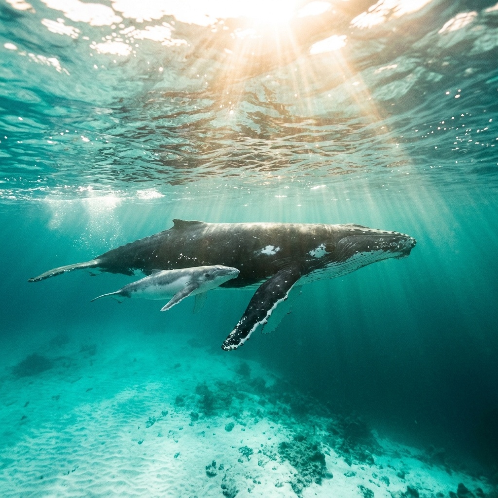 Humpback whale mother and calf in the warm, clear water of the Mozambique Channel off Pomene