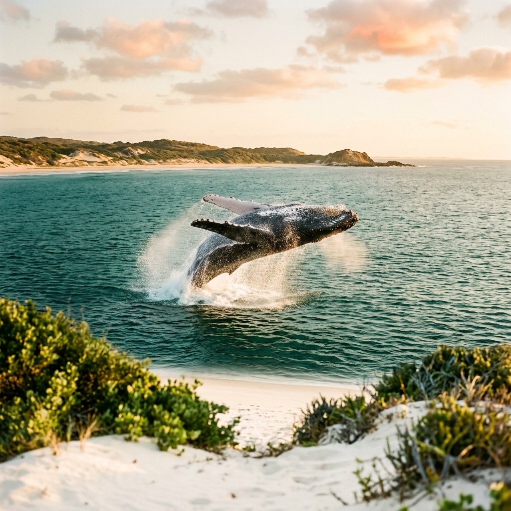 A humpback whale's fluke breaking the surface off the Pomene coast at sunrise