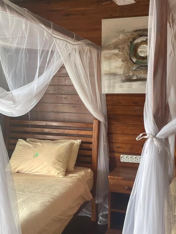 En-suite bedroom with a wooden headboard and draped mosquito net