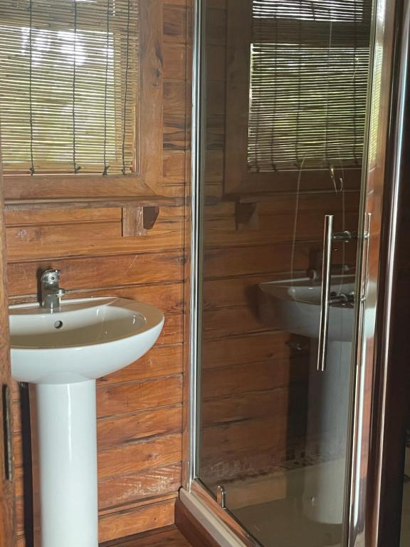 Wood-panelled en-suite bathroom with a glass shower